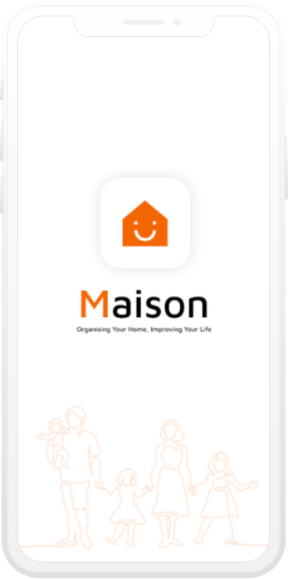 Maison app screenshot showing the logo and pencil outline of a young family